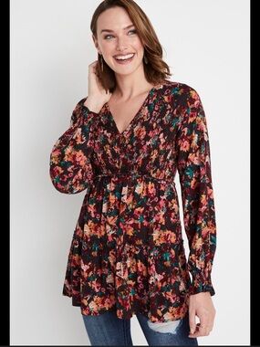Maurices SMALL Floral Smocked Long-Sleeve  Romantic Tunic Top - Burgundy